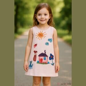 Binx Kids Girls Dress 4 Pink‎ Drawing Dog Cat Flower House Sun Clouds NEW Shift